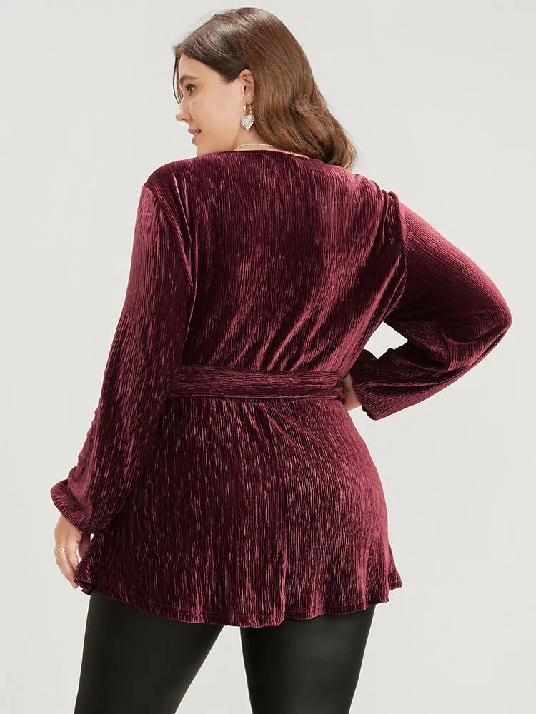 Glitter Textured Lantern Sleeve Belted Ruffle Blouse sold by Bloomchic product image thumbnail 4