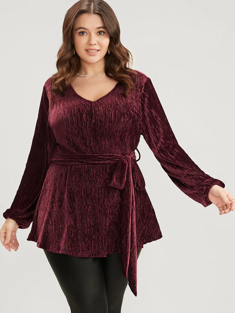 Glitter Textured Lantern Sleeve Belted Ruffle Blouse sold by Bloomchic