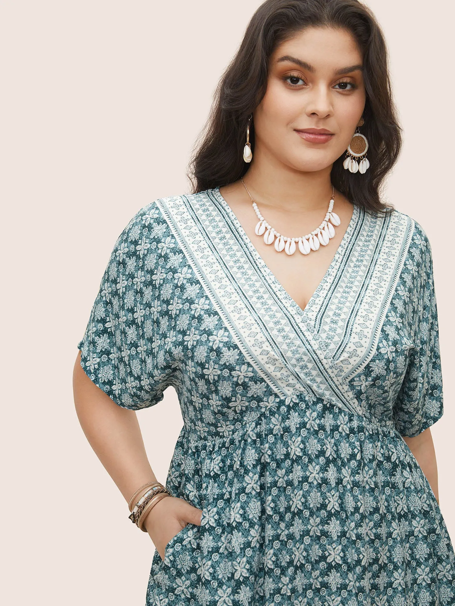 Rayon Ditsy Floral Overlap Collar Pocket Dress sold by Bloomchic product image thumbnail 3