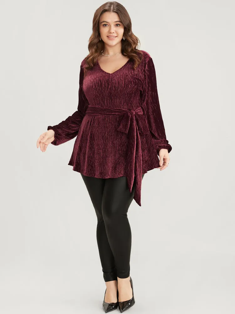 Glitter Textured Lantern Sleeve Belted Ruffle Blouse sold by Bloomchic product image thumbnail 5