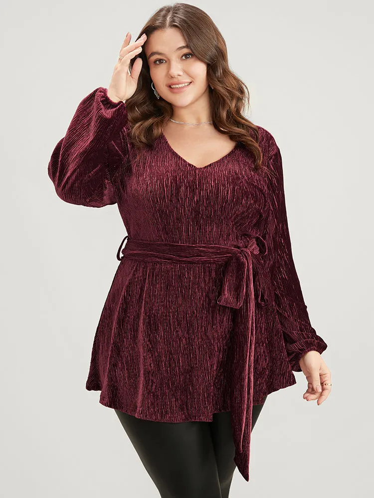 Glitter Textured Lantern Sleeve Belted Ruffle Blouse sold by Bloomchic product image thumbnail 2