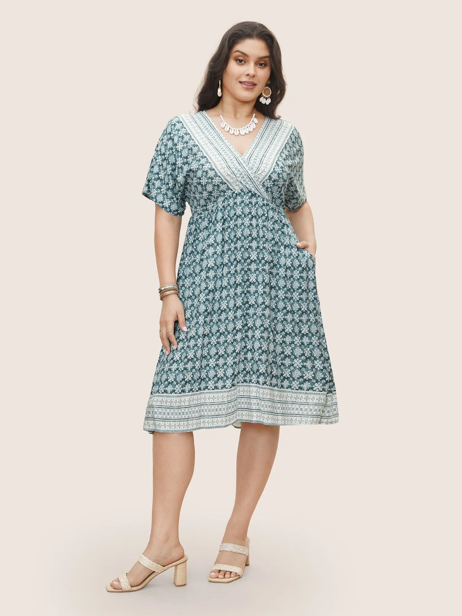 Rayon Ditsy Floral Overlap Collar Pocket Dress sold by Bloomchic