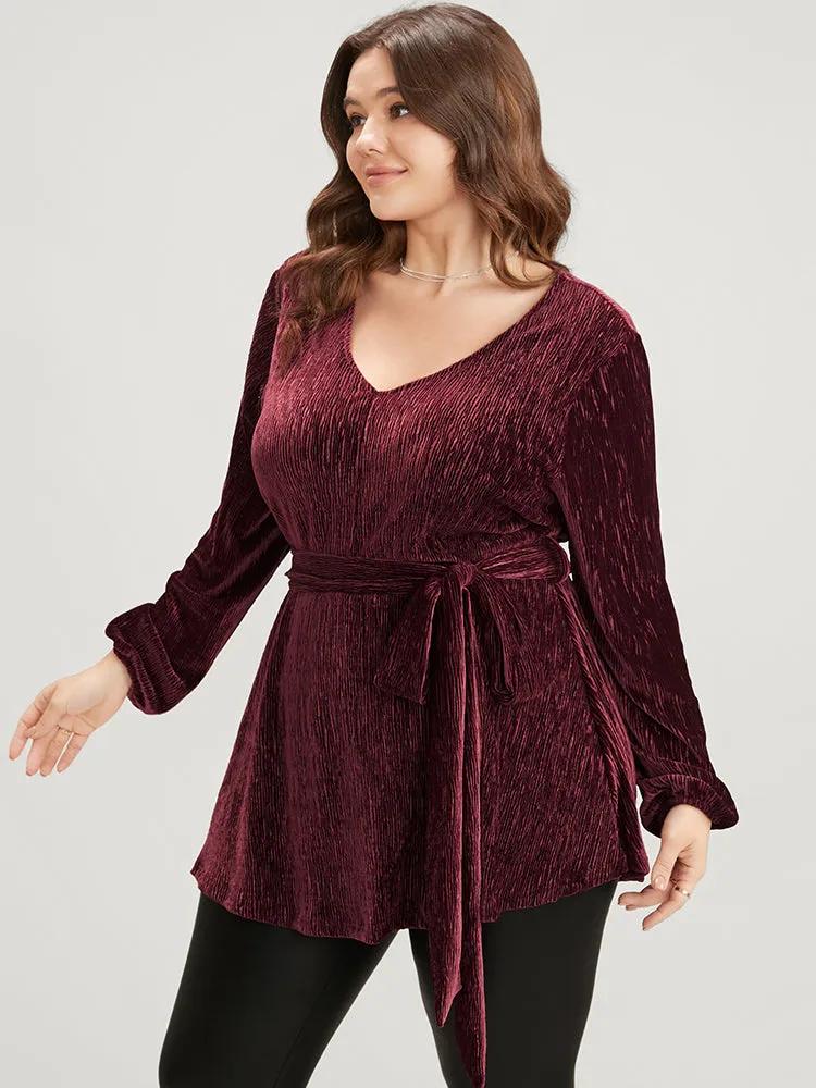 Glitter Textured Lantern Sleeve Belted Ruffle Blouse sold by Bloomchic product image thumbnail 3