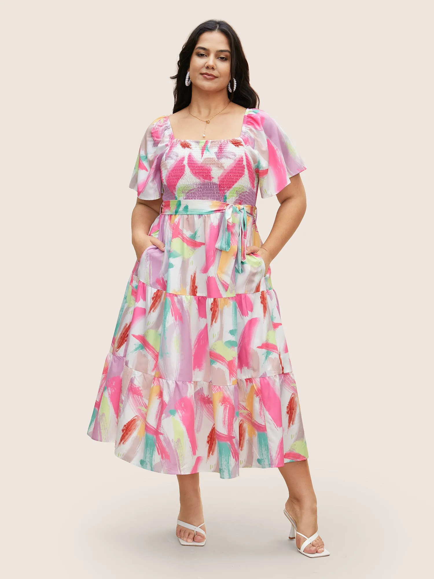 Brush Print Shirred Gathered Belted Dress sold by Bloomchic