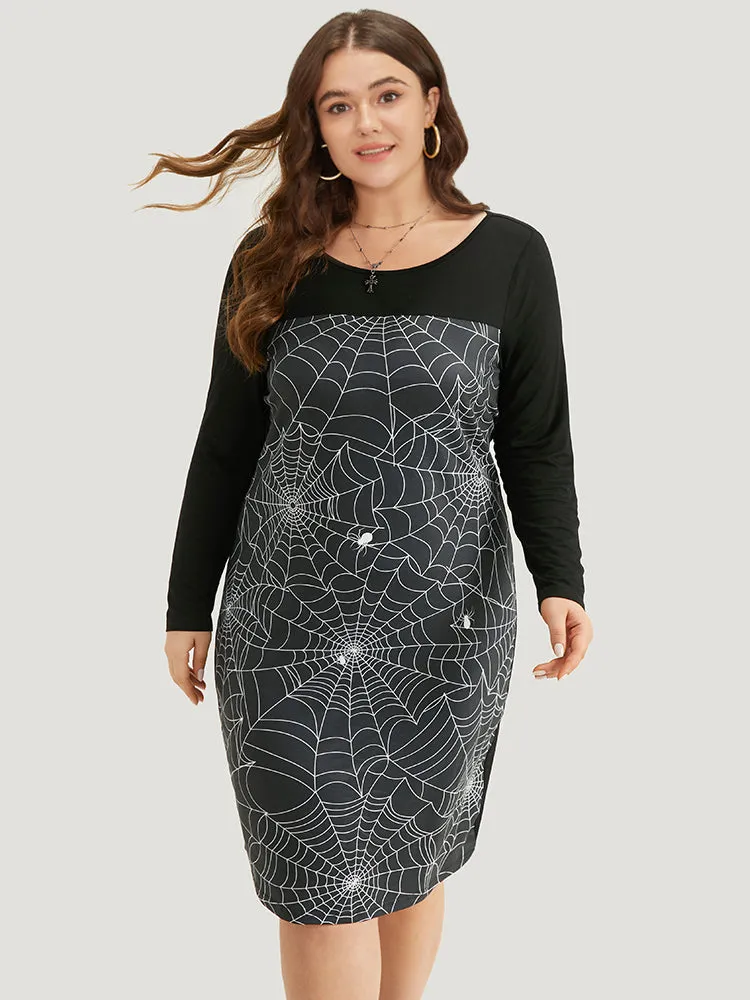 Halloween Spider Web Patchwork Crew Neck Dress sold by Bloomchic