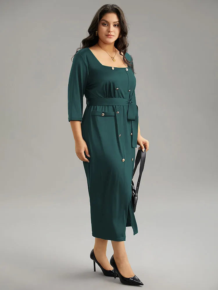 Square Neck Metal Detail Belted Gathered Dress sold by Bloomchic product image thumbnail 3