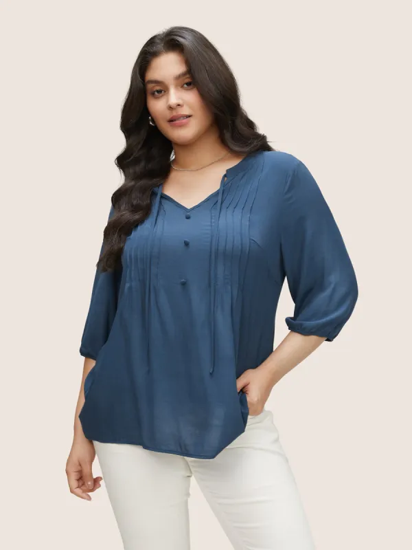 Plain Pleated Knot Neck Lantern Sleeve Blouse sold by Bloomchic