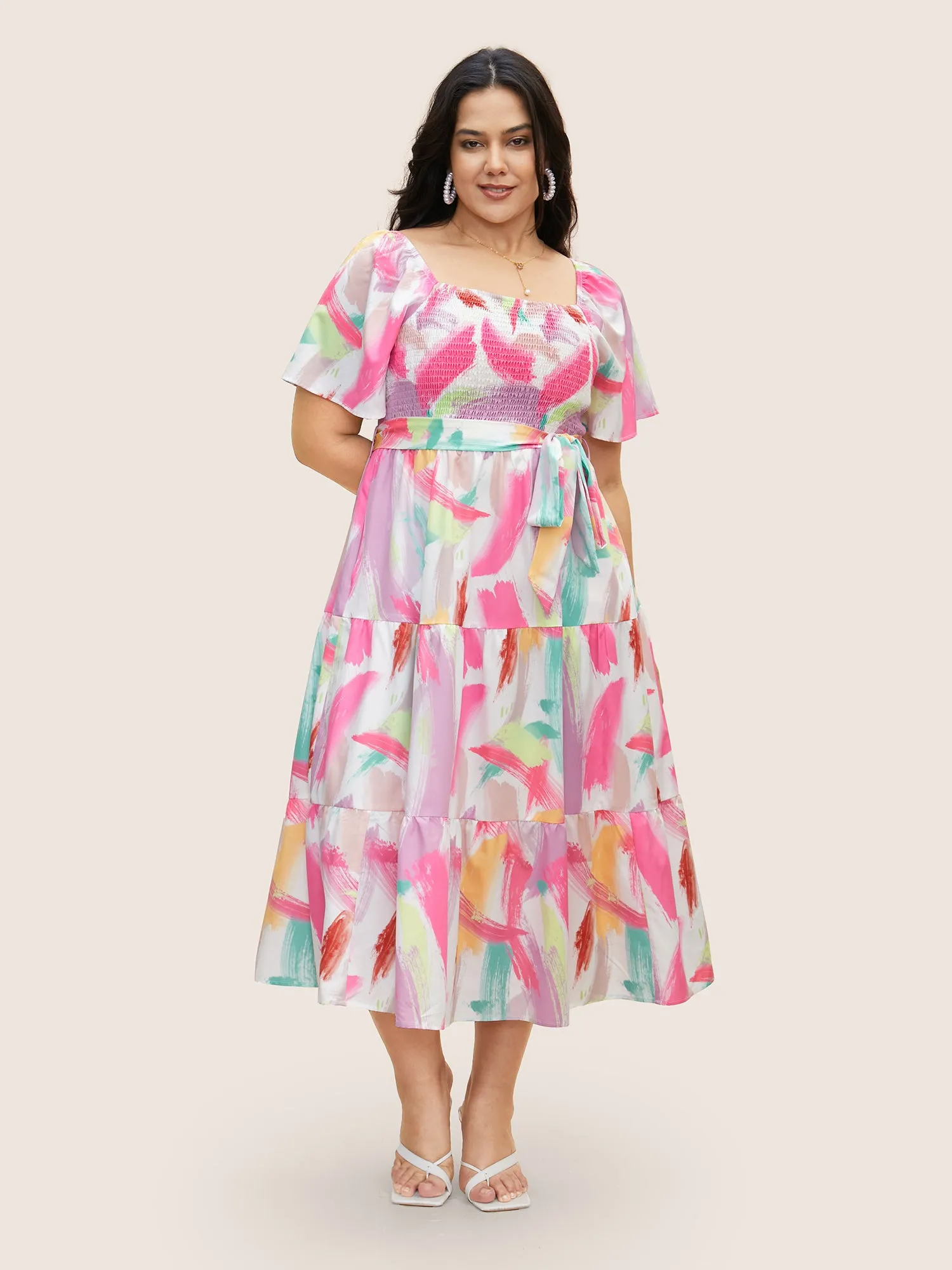 Brush Print Shirred Gathered Belted Dress sold by Bloomchic product image thumbnail 3