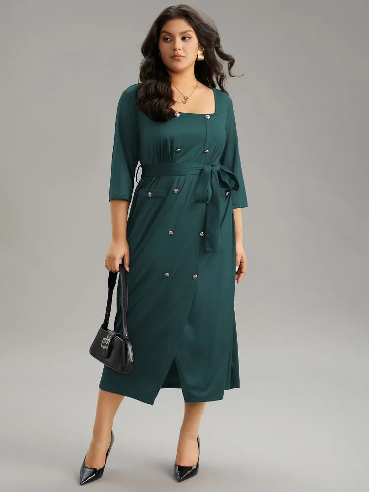 Square Neck Metal Detail Belted Gathered Dress sold by Bloomchic