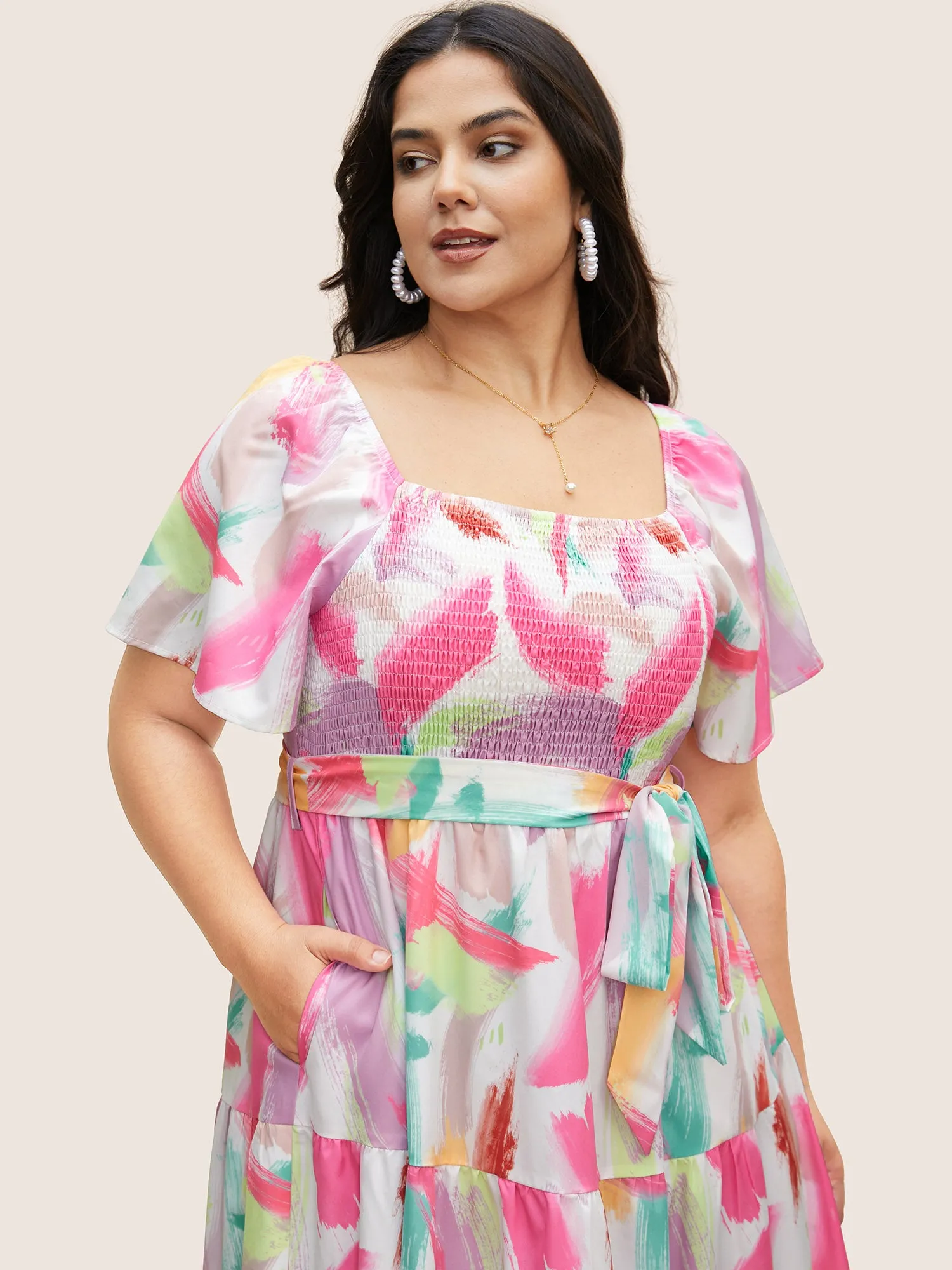 Brush Print Shirred Gathered Belted Dress sold by Bloomchic product image thumbnail 4