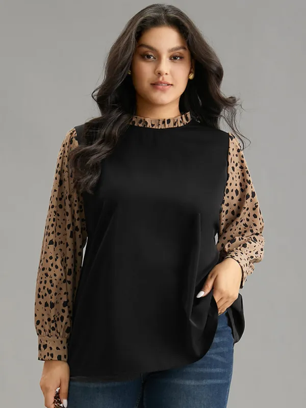 Leopard Patchwork Contrast Frill Trim Blouse made by Bloomchic
