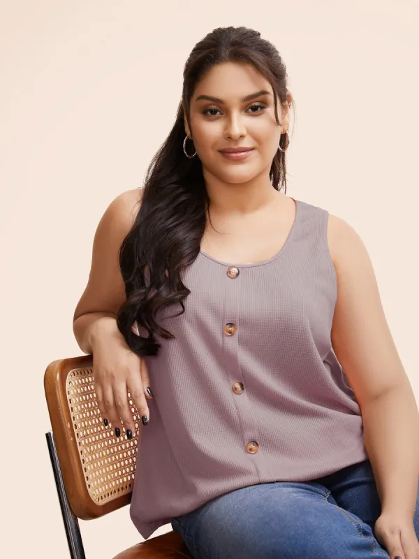 Solid Button Detail Waffle Knit Tank Top sold by Bloomchic