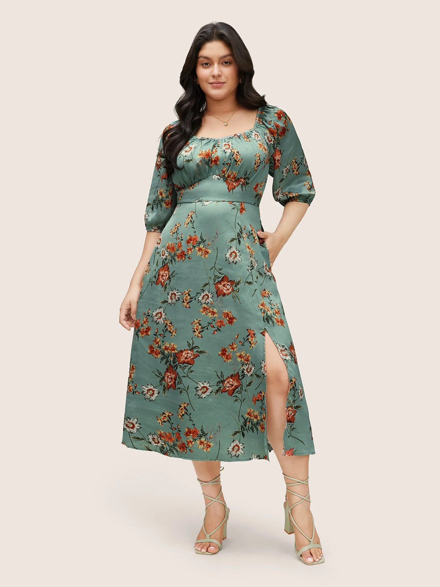 Floral Elastic Waist Gathered Split Front Dress sold by Bloomchic