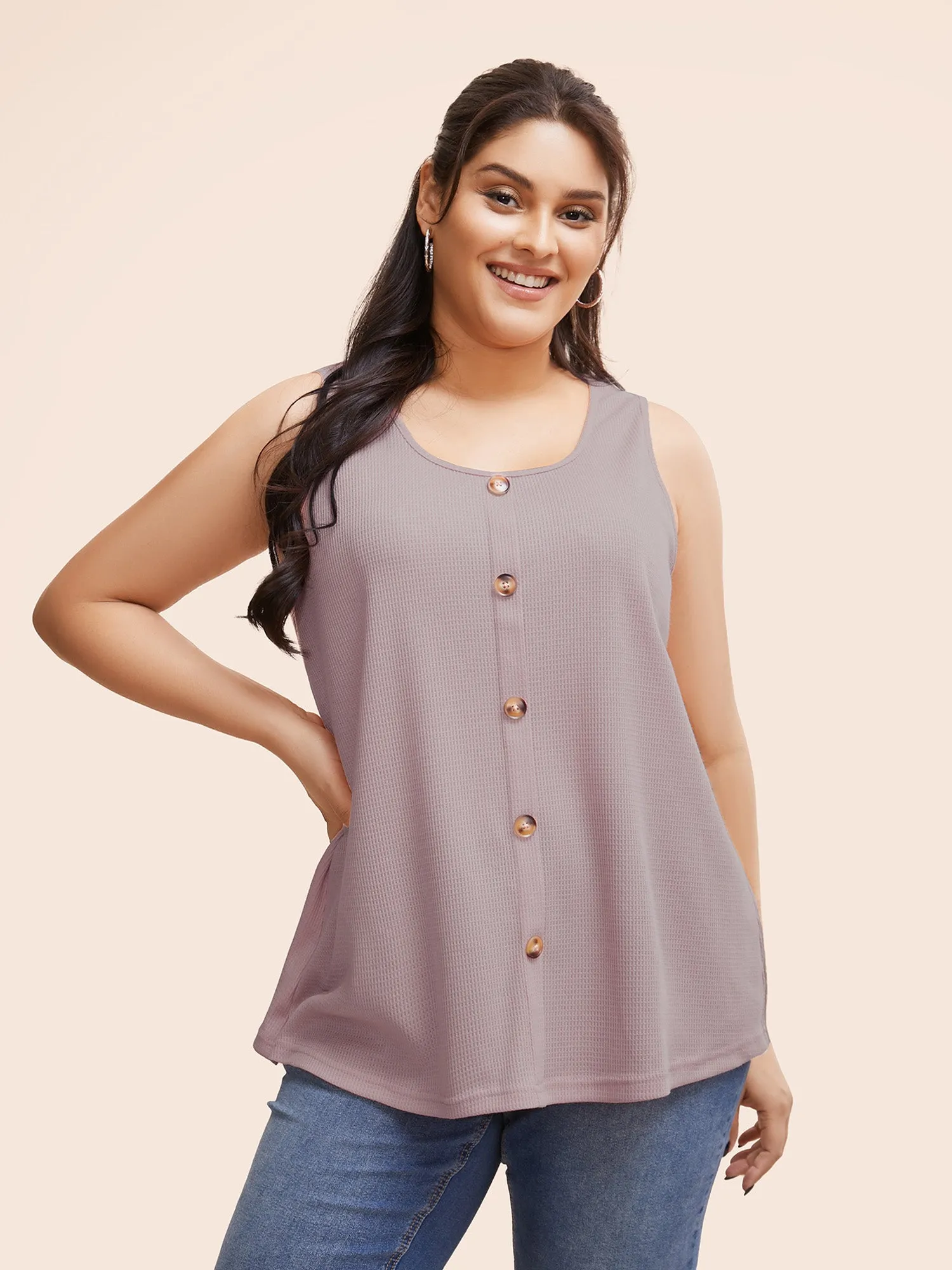 Solid Button Detail Waffle Knit Tank Top sold by Bloomchic product image thumbnail 4