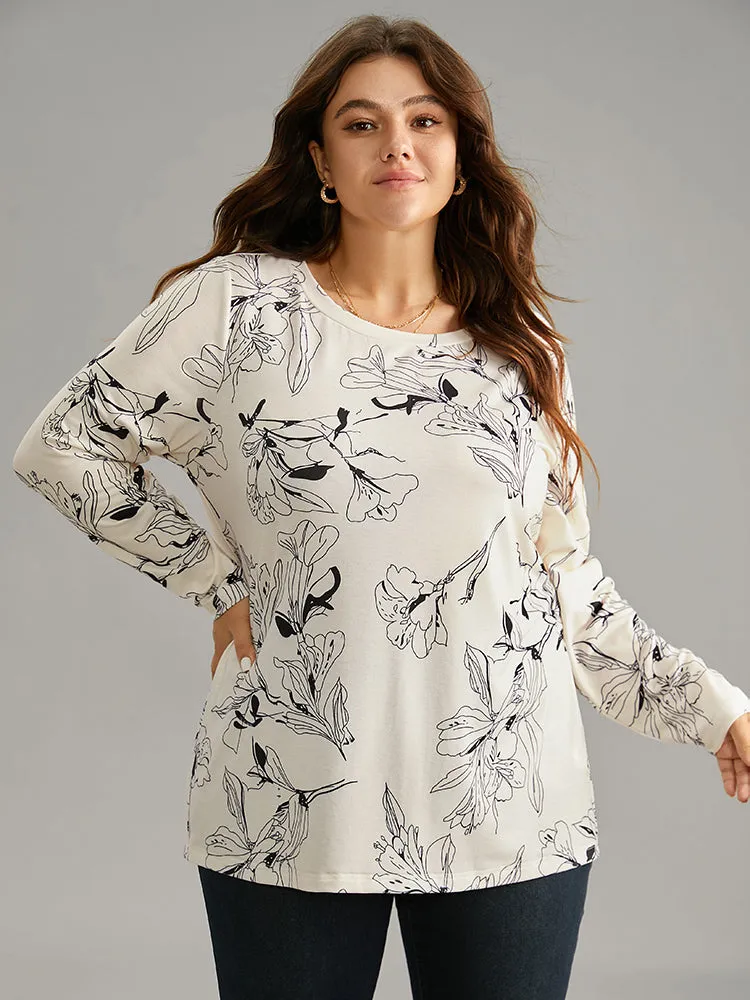 Crew Neck Silhouette Floral Print Basic T-shirt sold by Bloomchic