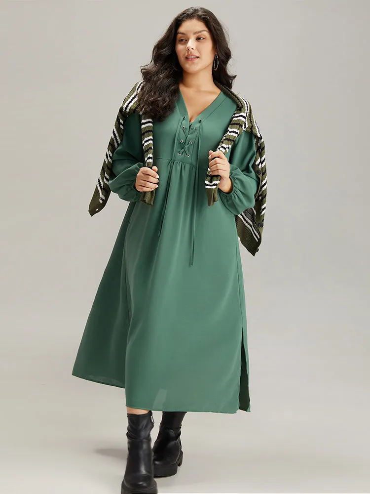 Plain Lace Up Split Hem Lantern Sleeve Dress sold by Bloomchic product image thumbnail 2