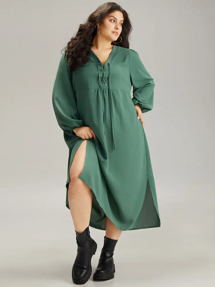 Plain Lace Up Split Hem Lantern Sleeve Dress sold by Bloomchic product image thumbnail 3