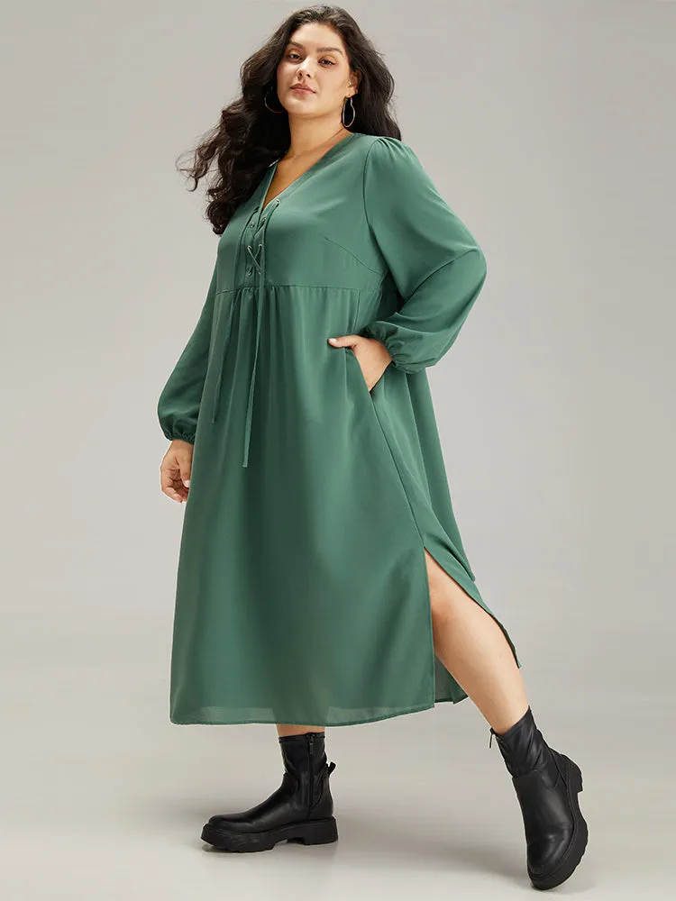 Plain Lace Up Split Hem Lantern Sleeve Dress sold by Bloomchic product image thumbnail 4