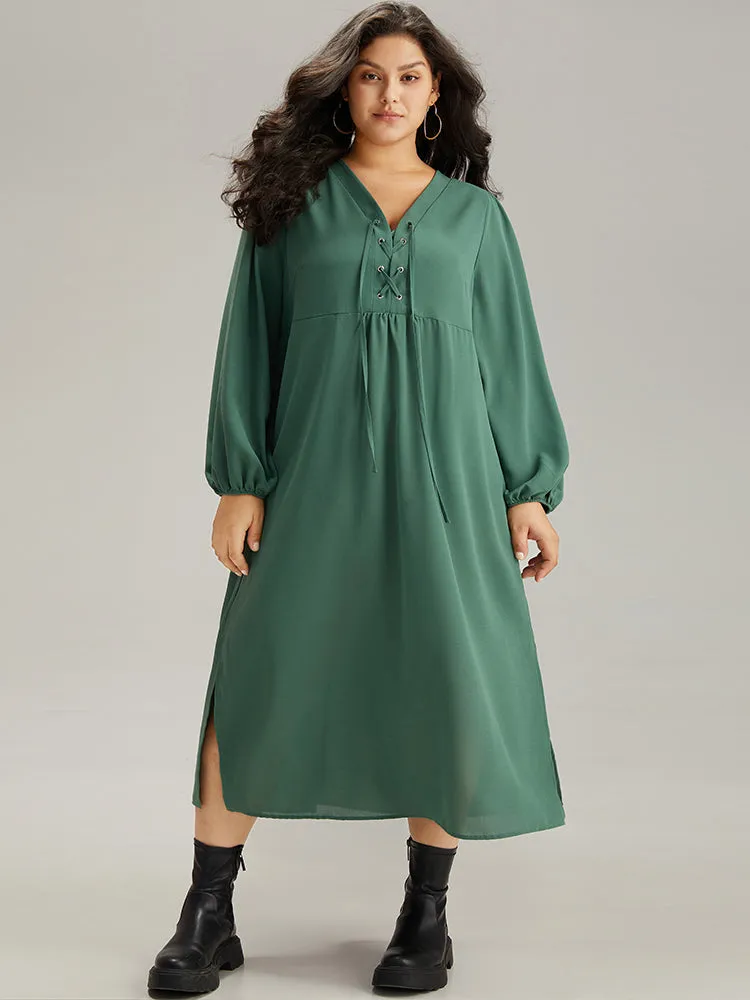 Plain Lace Up Split Hem Lantern Sleeve Dress sold by Bloomchic
