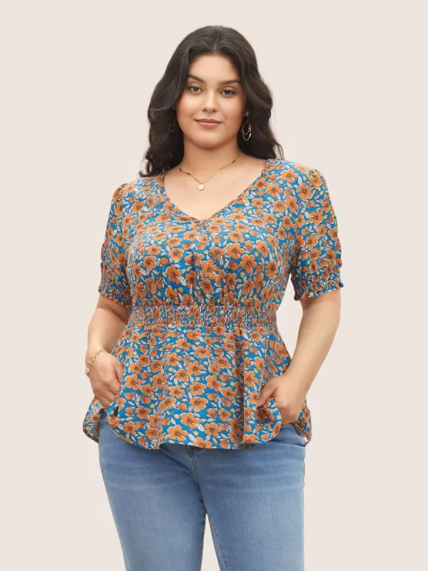 Floral Surplice Neck Shirred Lantern Sleeve Blouse sold by Bloomchic