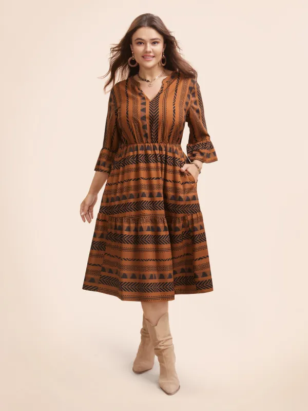 Notched Bandana Geometric Ruffle Sleeve Dress sold by Bloomchic