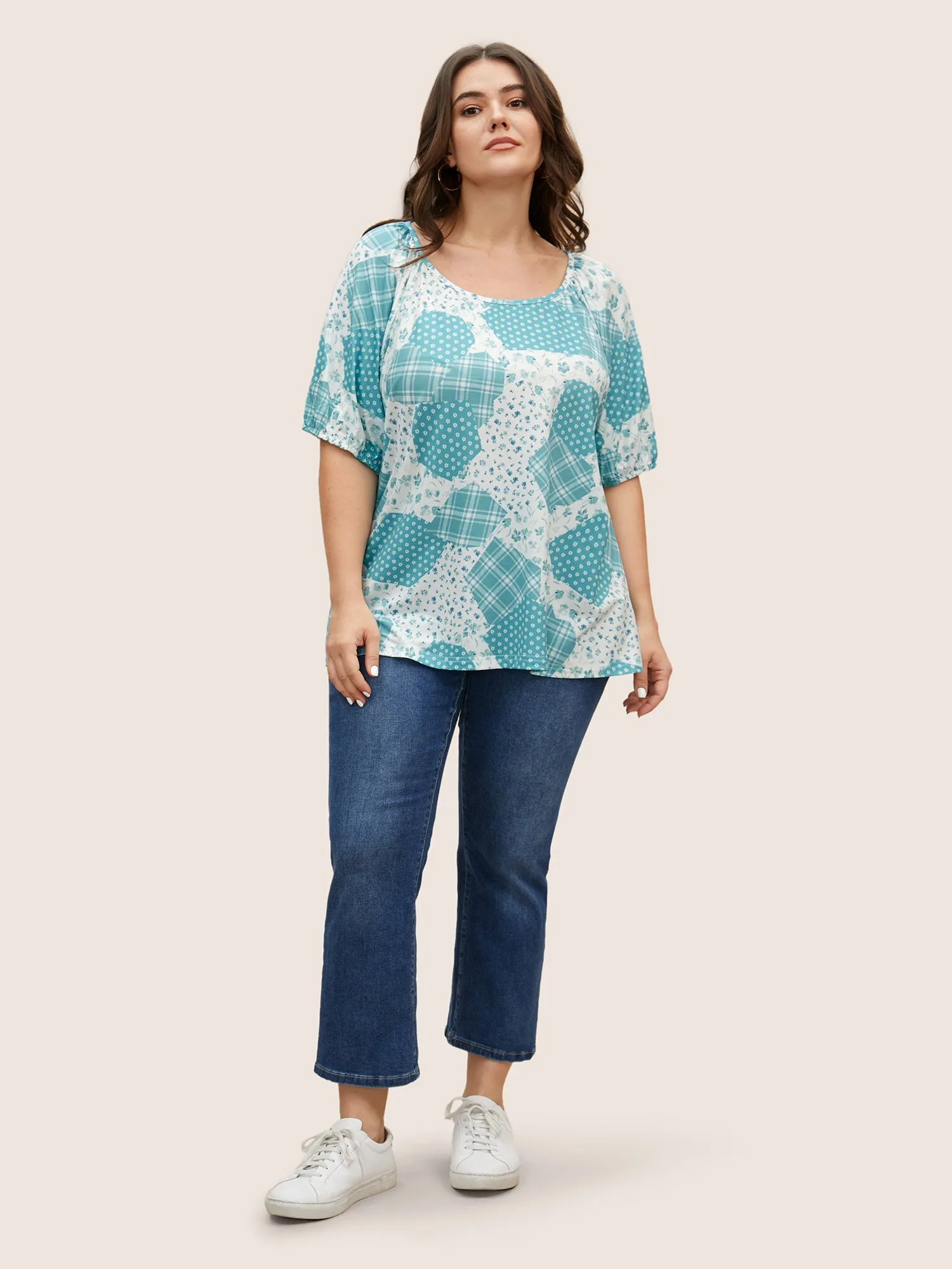 Bandana Print Patchwork Lantern Sleeve T-shirt sold by Bloomchic product image thumbnail 3