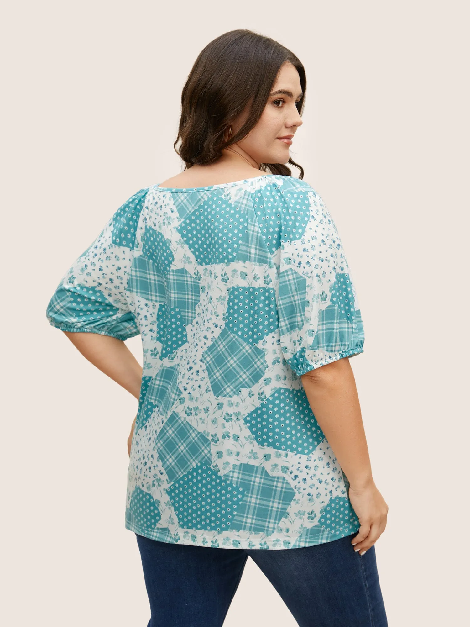 Bandana Print Patchwork Lantern Sleeve T-shirt sold by Bloomchic product image thumbnail 2