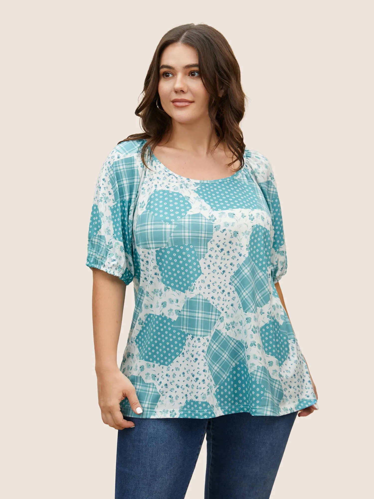 Bandana Print Patchwork Lantern Sleeve T-shirt sold by Bloomchic