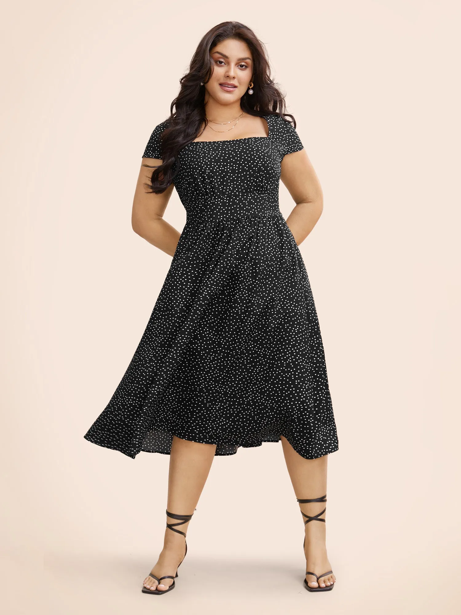 Square Neck Polka Dot Shirred Midi Dress sold by Bloomchic product image thumbnail 2