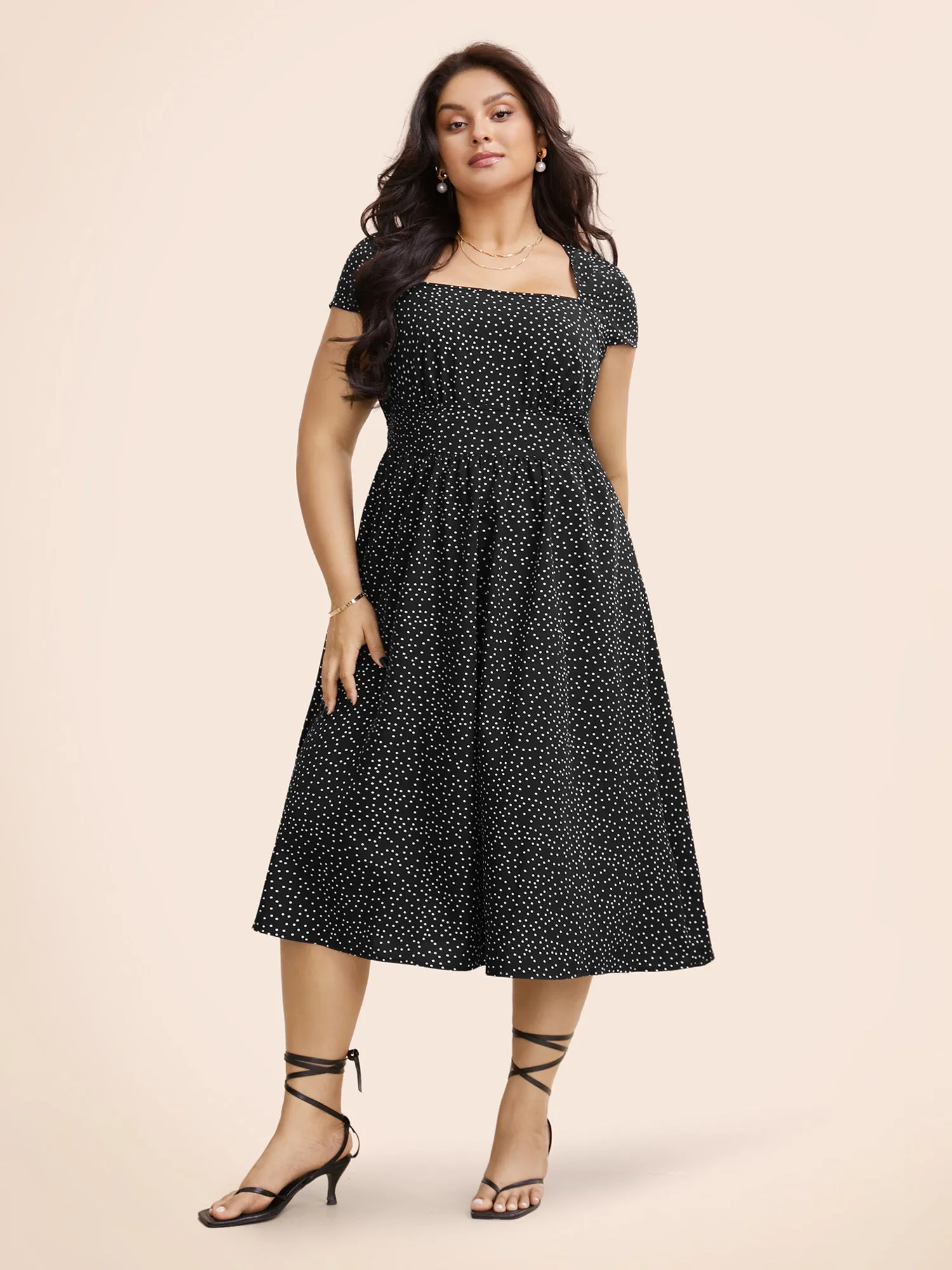 Square Neck Polka Dot Shirred Midi Dress sold by Bloomchic