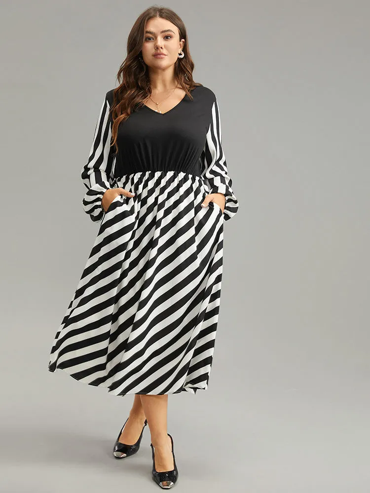 Striped Patchwork Elastic Waist Lantern Sleeve Dress sold by Bloomchic product image thumbnail 5