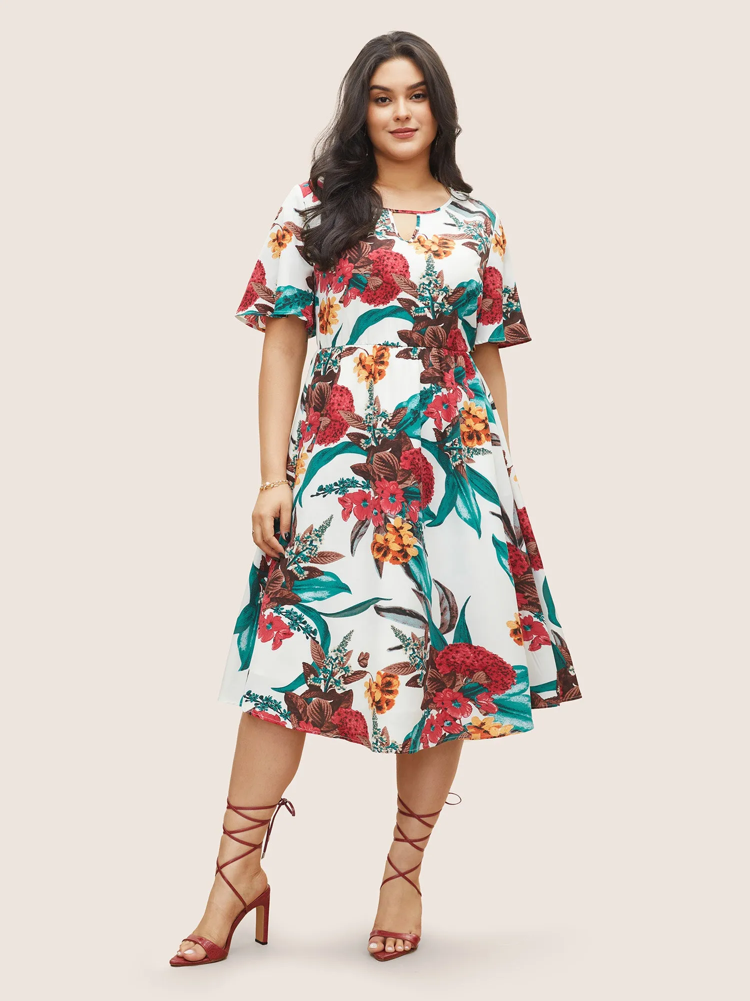 Floral Print Keyhole Pocket Ruffle Sleeve Dress sold by Bloomchic