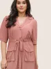 Solid Patched Pocket  Ties Gathered Dress sold by Bloomchic