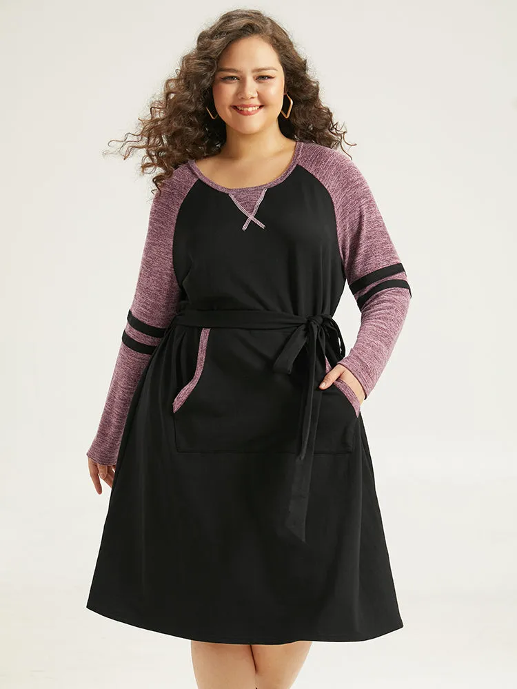 Stitch Pocket Striped Patchwork Raglan Sleeve Belted Dress sold by Bloomchic