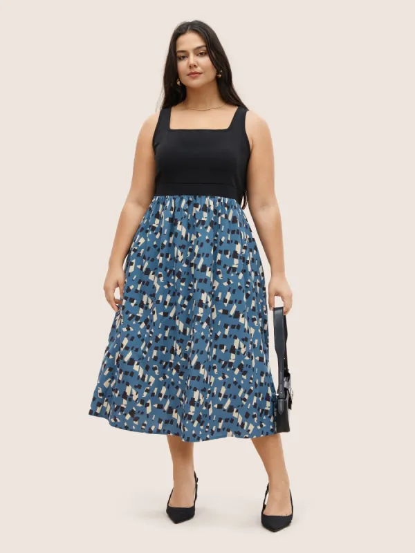 Geometric Patchwork Square Neck Pocket Dress sold by Bloomchic