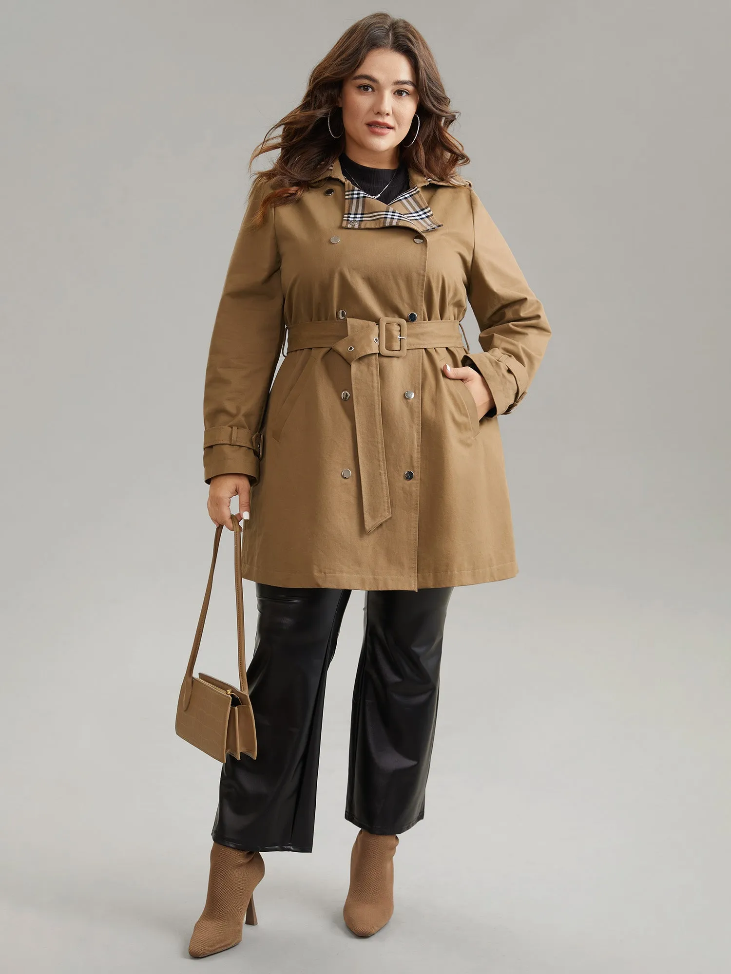 Plaid Contrast Belted Double Breasted Coat sold by Bloomchic product image thumbnail 4