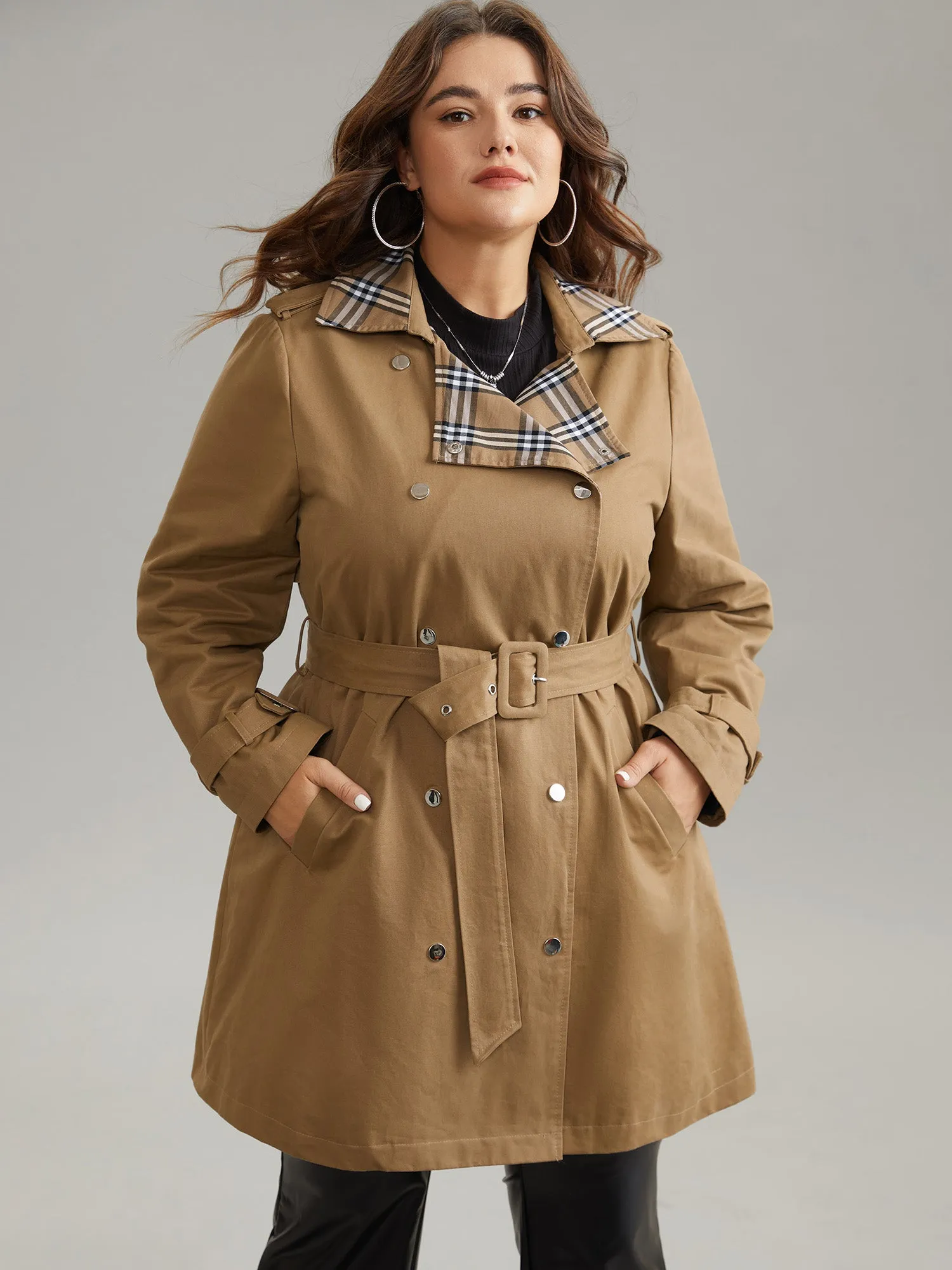 Plaid Contrast Belted Double Breasted Coat sold by Bloomchic