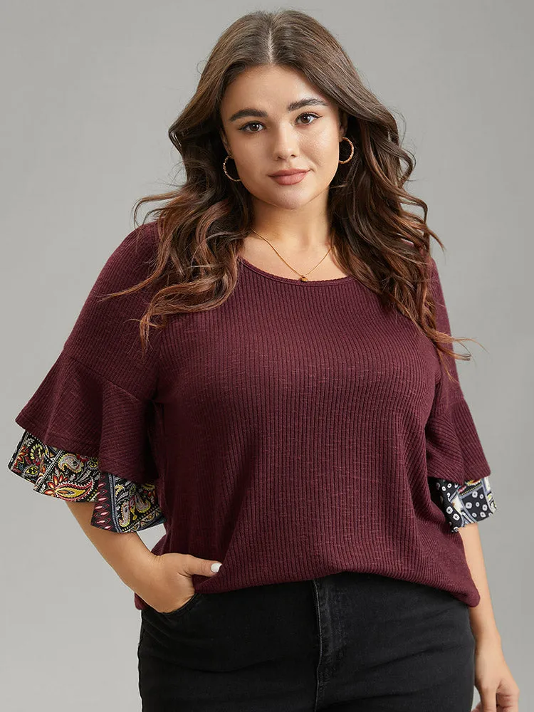 Textured Tiered Ruffle Sleeve Patchwork Boho Print T-shirt sold by Bloomchic product image thumbnail 3