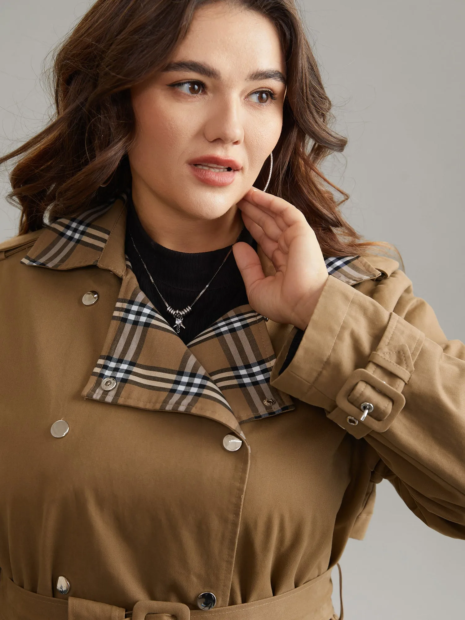Plaid Contrast Belted Double Breasted Coat sold by Bloomchic product image thumbnail 5