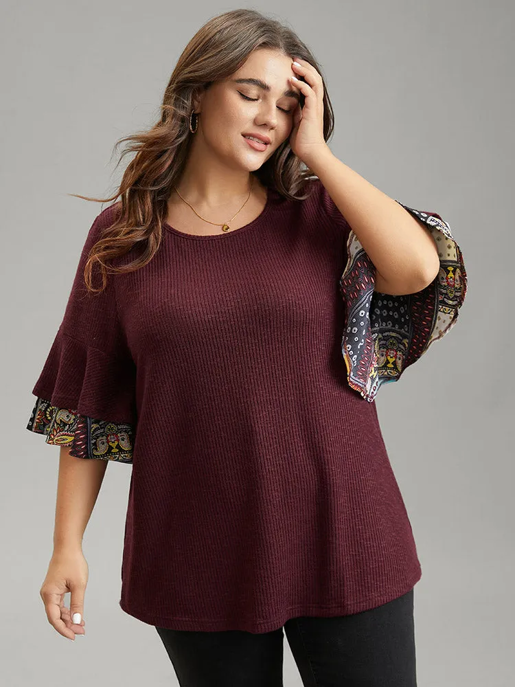 Textured Tiered Ruffle Sleeve Patchwork Boho Print T-shirt sold by Bloomchic