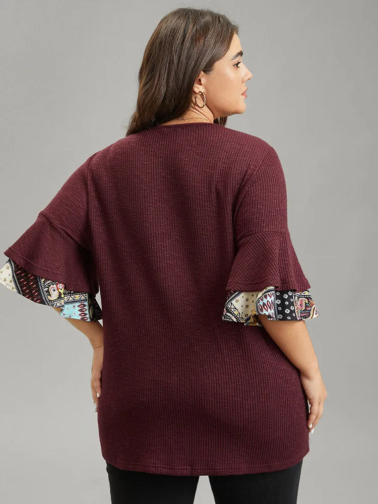 Textured Tiered Ruffle Sleeve Patchwork Boho Print T-shirt sold by Bloomchic product image thumbnail 2