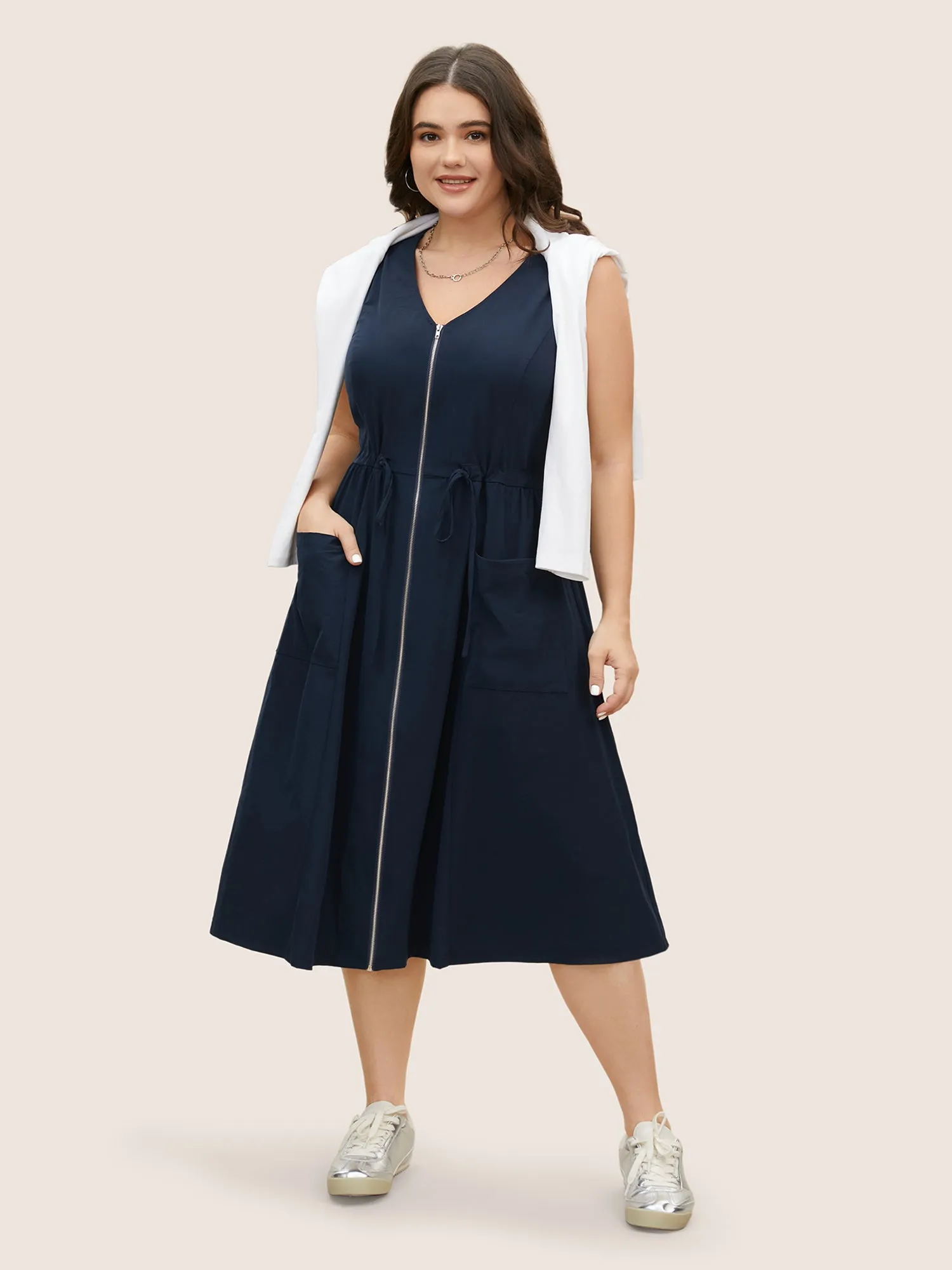 Solid Zip Front Patch Pocket Sleevless Dress sold by Bloomchic product image thumbnail 3