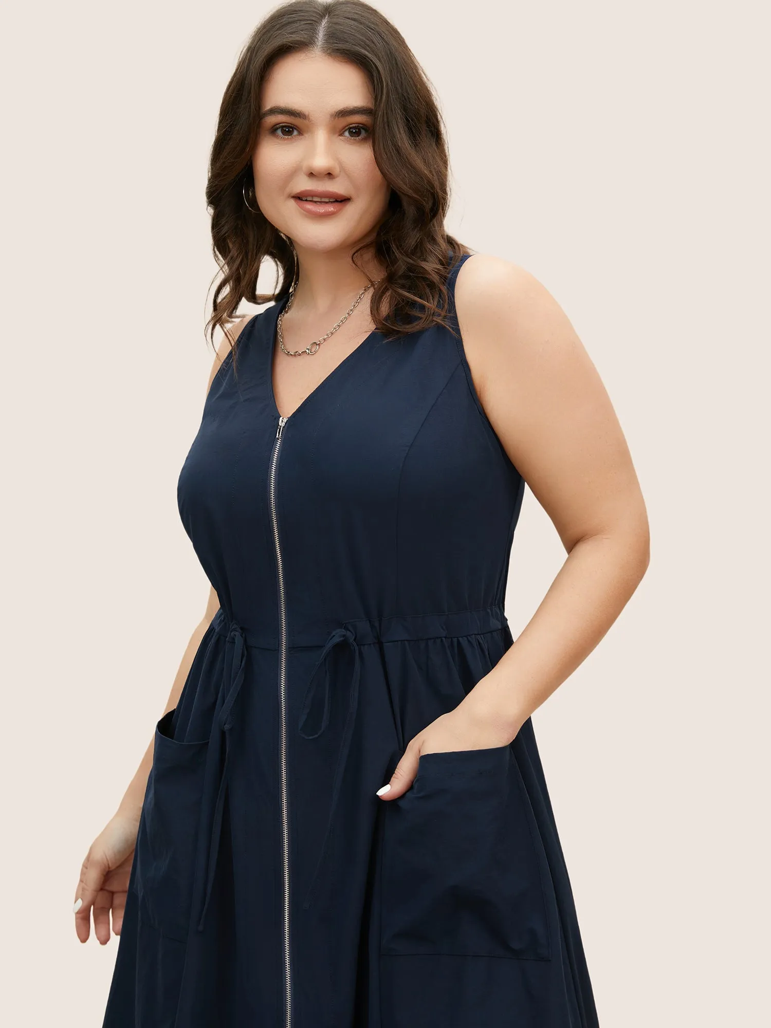 Solid Zip Front Patch Pocket Sleevless Dress sold by Bloomchic product image thumbnail 2