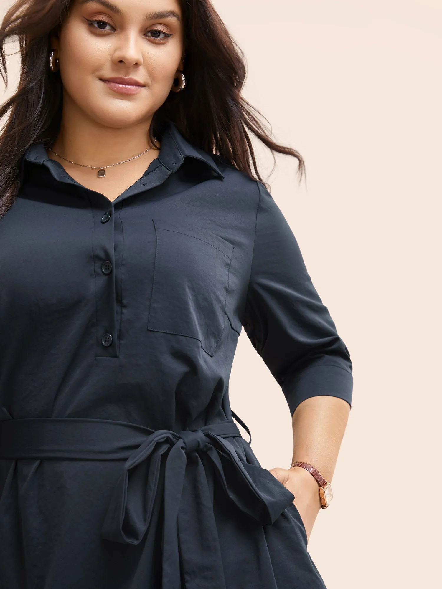 Shirt Collar Belted Arc Hem Dress sold by Bloomchic product image thumbnail 3