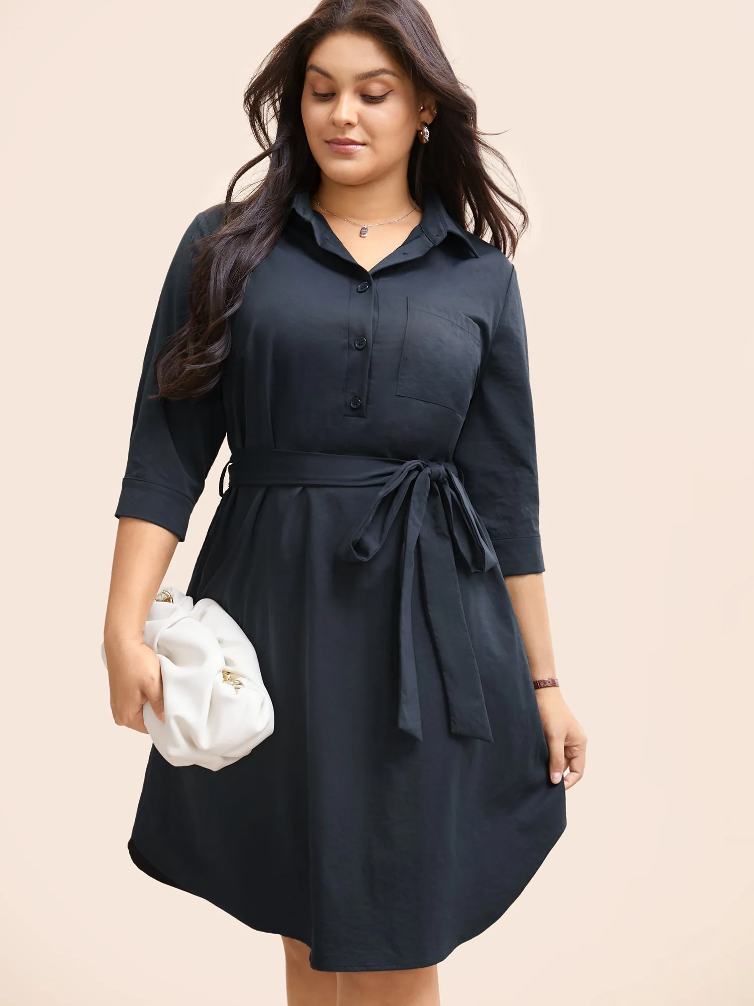 Shirt Collar Belted Arc Hem Dress sold by Bloomchic