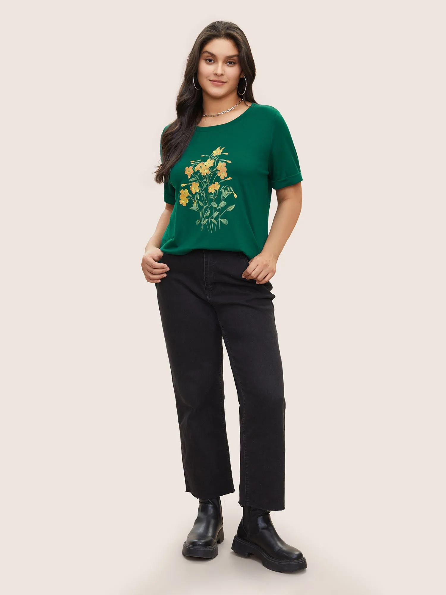 Floral Print Cuffed Sleeve Crew Neck T-shirt sold by Bloomchic product image thumbnail 3