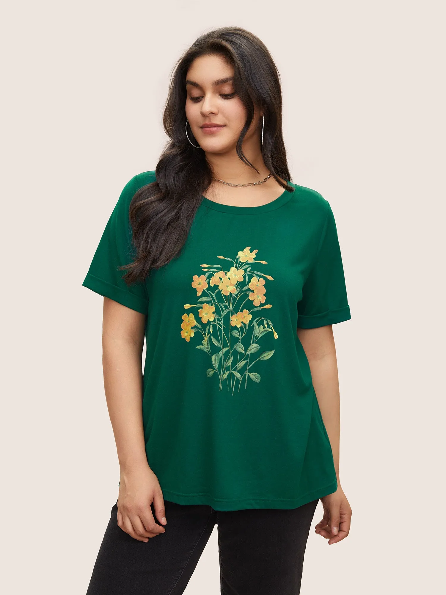 Floral Print Cuffed Sleeve Crew Neck T-shirt sold by Bloomchic