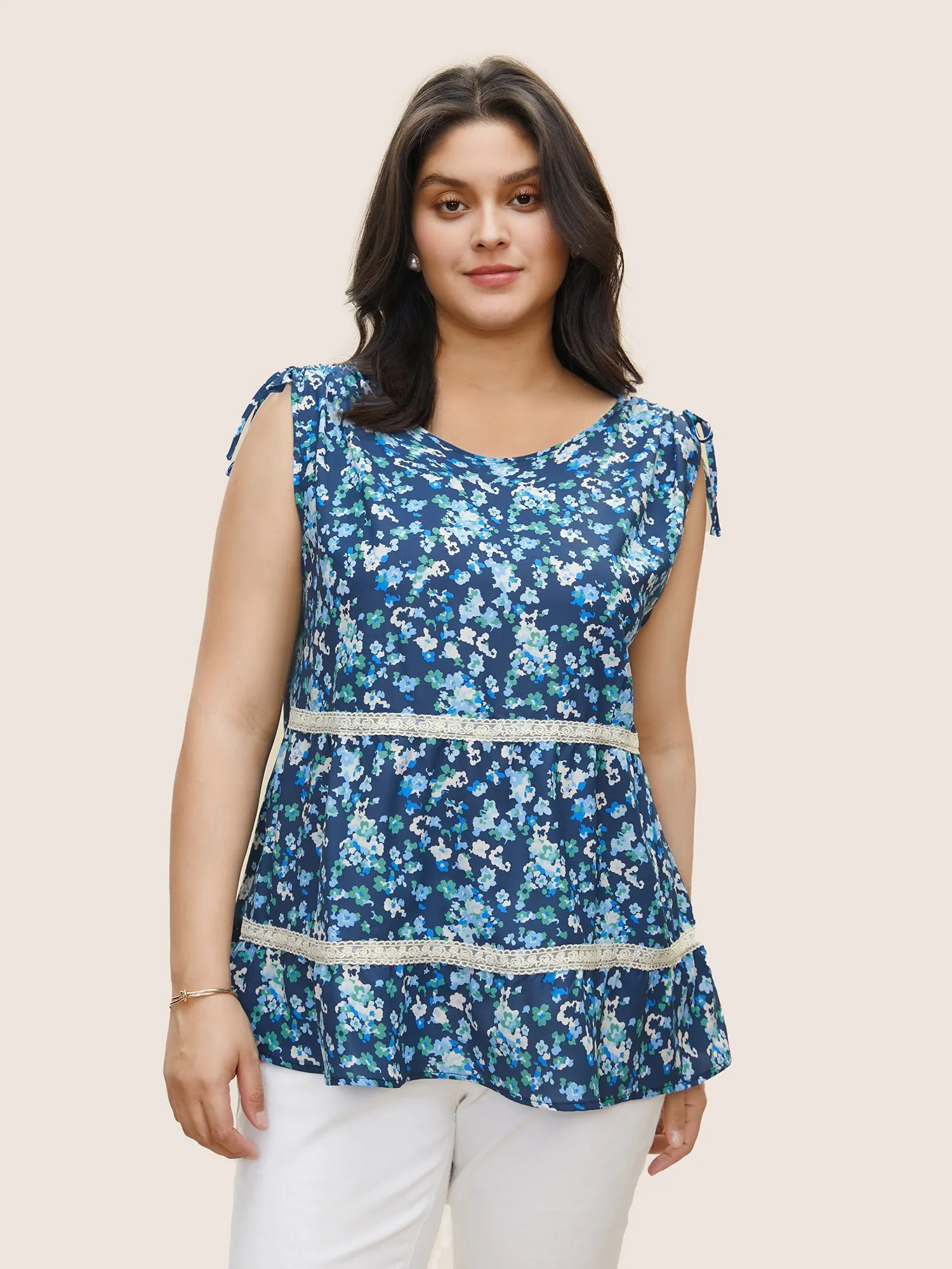 Ditsy Floral Drawstring Lace Patchwork Tank Top sold by Bloomchic