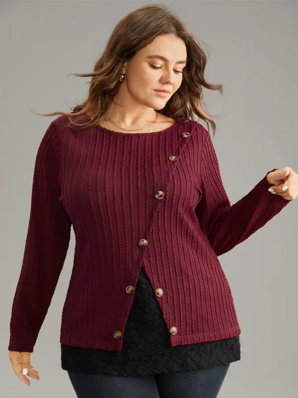 Texture Contrast Button Detail Jacquard T-shirt sold by Bloomchic