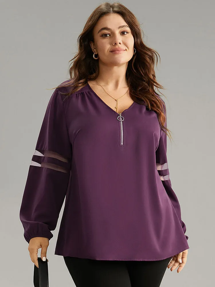 Static-Free Zipper Fly Mesh Patchwork Blouse sold by Bloomchic product image thumbnail 2